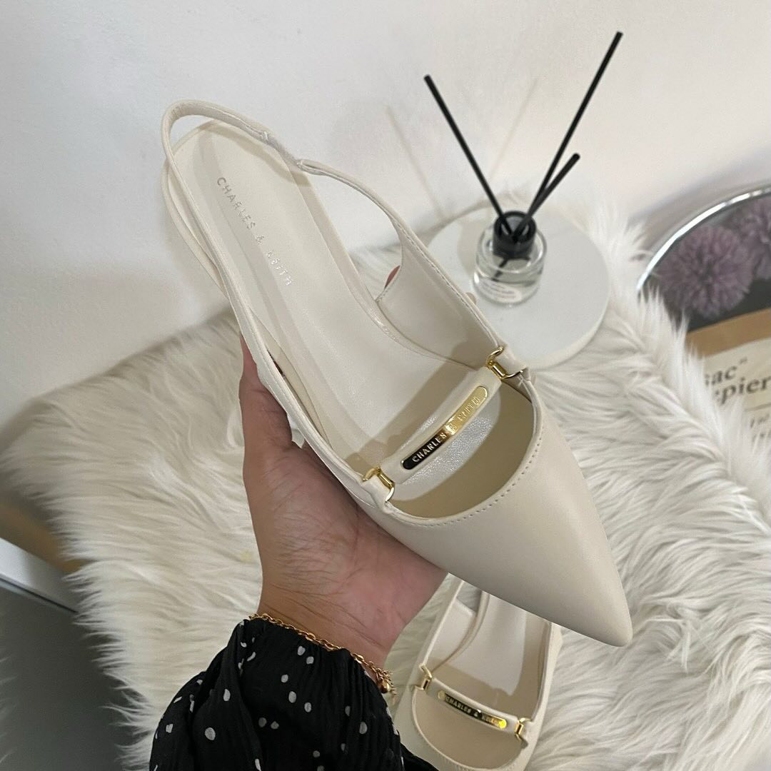 Faux Leather Pointed toe Low block heel Metallic bar accent - Cream