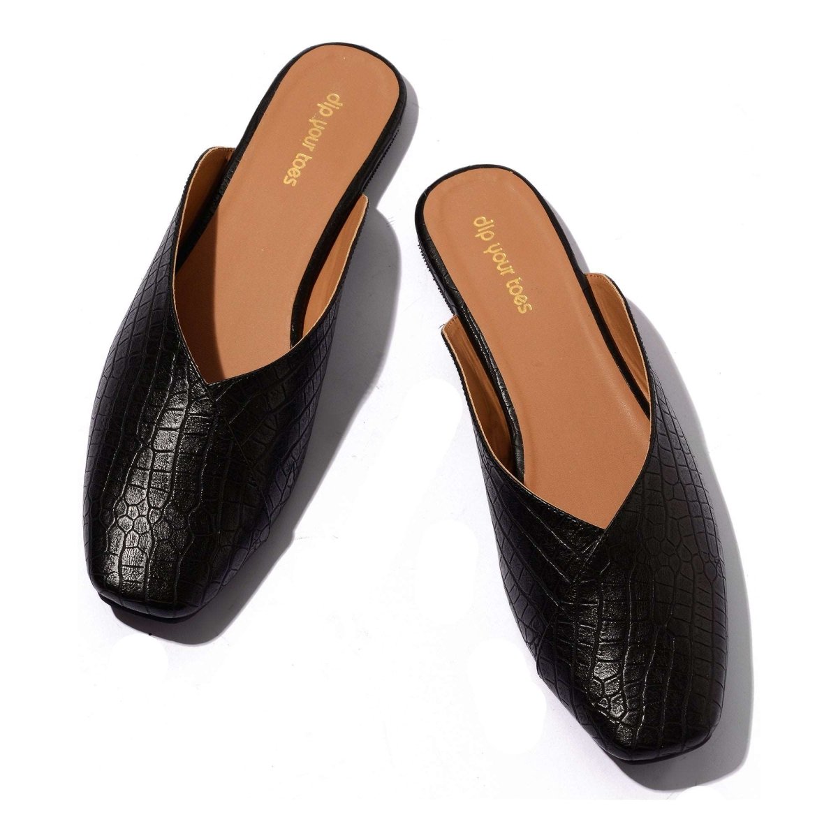 Black Croc-textured mules