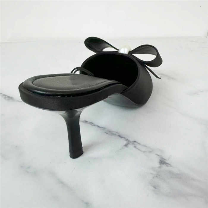 Artificial Pearls and Black Satin Bow Decoration Pointed Toe High Heel Slippers