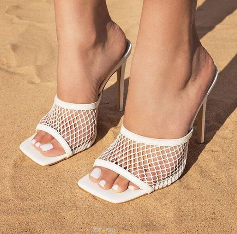 White Square Head Mesh Leather High Heel Sandals