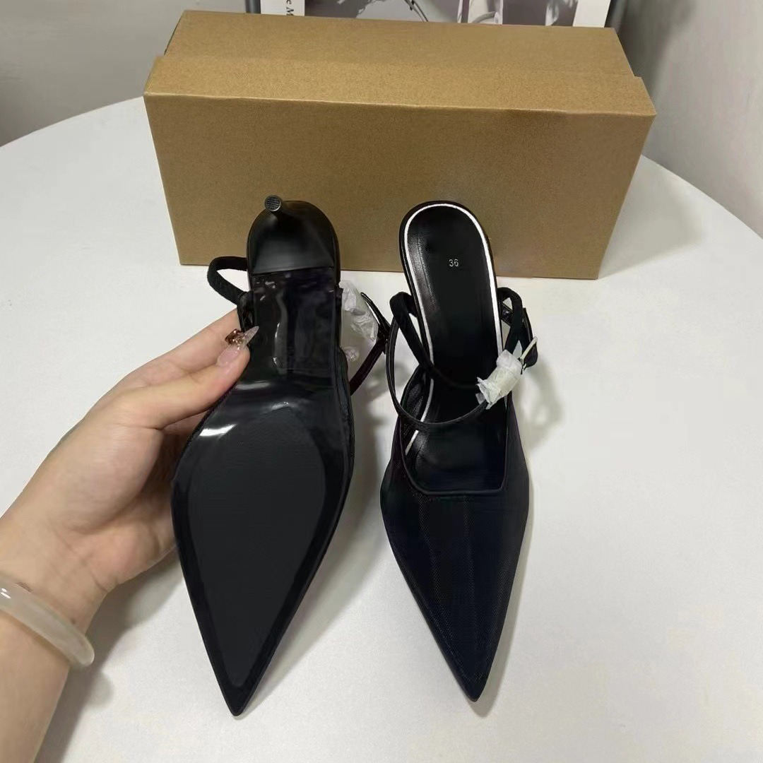 Vintage Design Mesh Pointy High Heels Women's One-Line Buckle Slingshot Sandals Ladies Stiletto Pumps