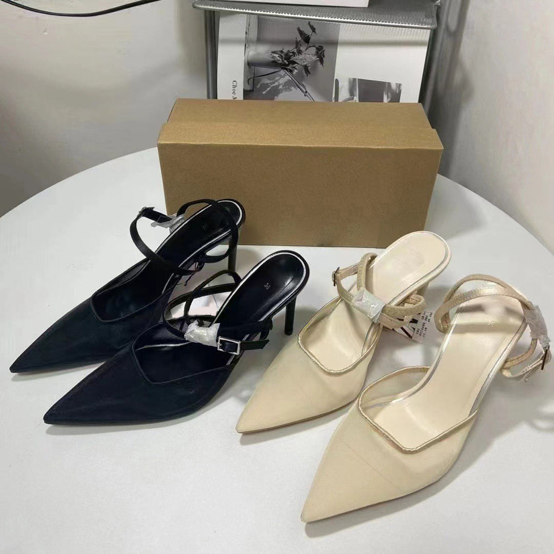 Vintage Design Mesh Pointy High Heels Women's One-Line Buckle Slingshot Sandals Ladies Stiletto Pumps