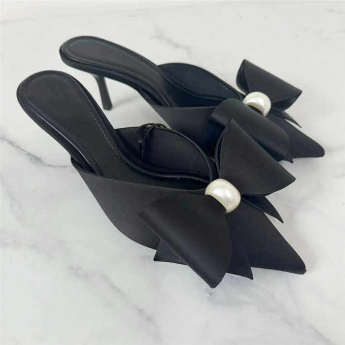 Artificial Pearls and Black Satin Bow Decoration Pointed Toe High Heel Slippers