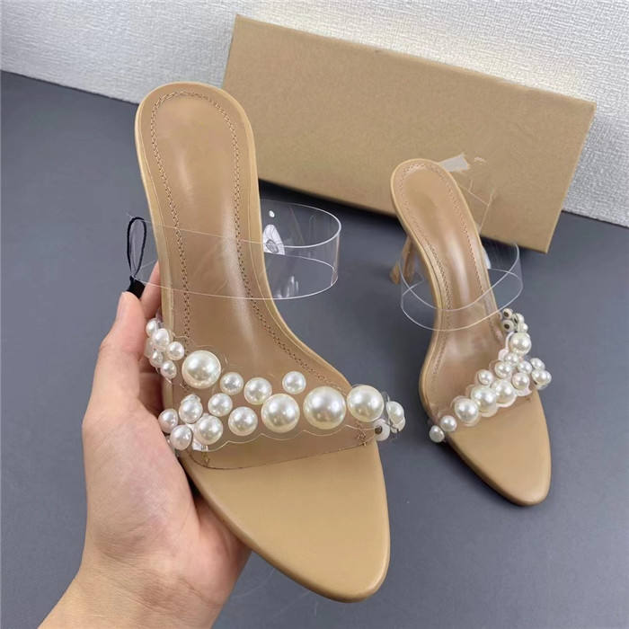 Pointy head pearl fine high heels transparent open toe sandals