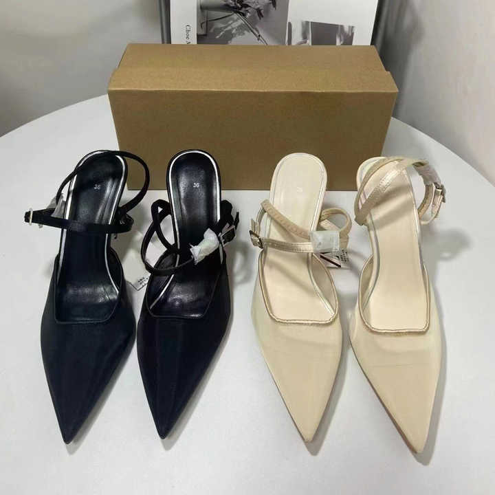 Vintage Design Mesh Pointy High Heels Women's One-Line Buckle Slingshot Sandals Ladies Stiletto Pumps