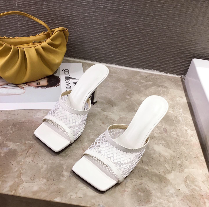 White Square Head Mesh Leather High Heel Sandals