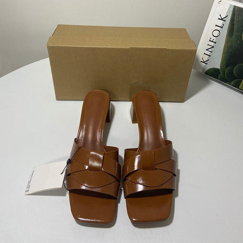 Chunky Heel Slippers Roman Luxury Sandals - Brown