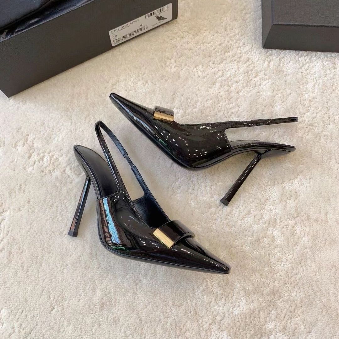 2024 black pointed toe fashion slingback ladies 9cm high heel luxury sandals
