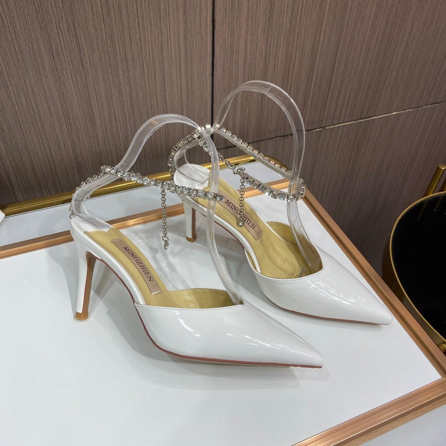 Designer heels pointed toe patent leather crystal diamond chain women high heel shoes - White