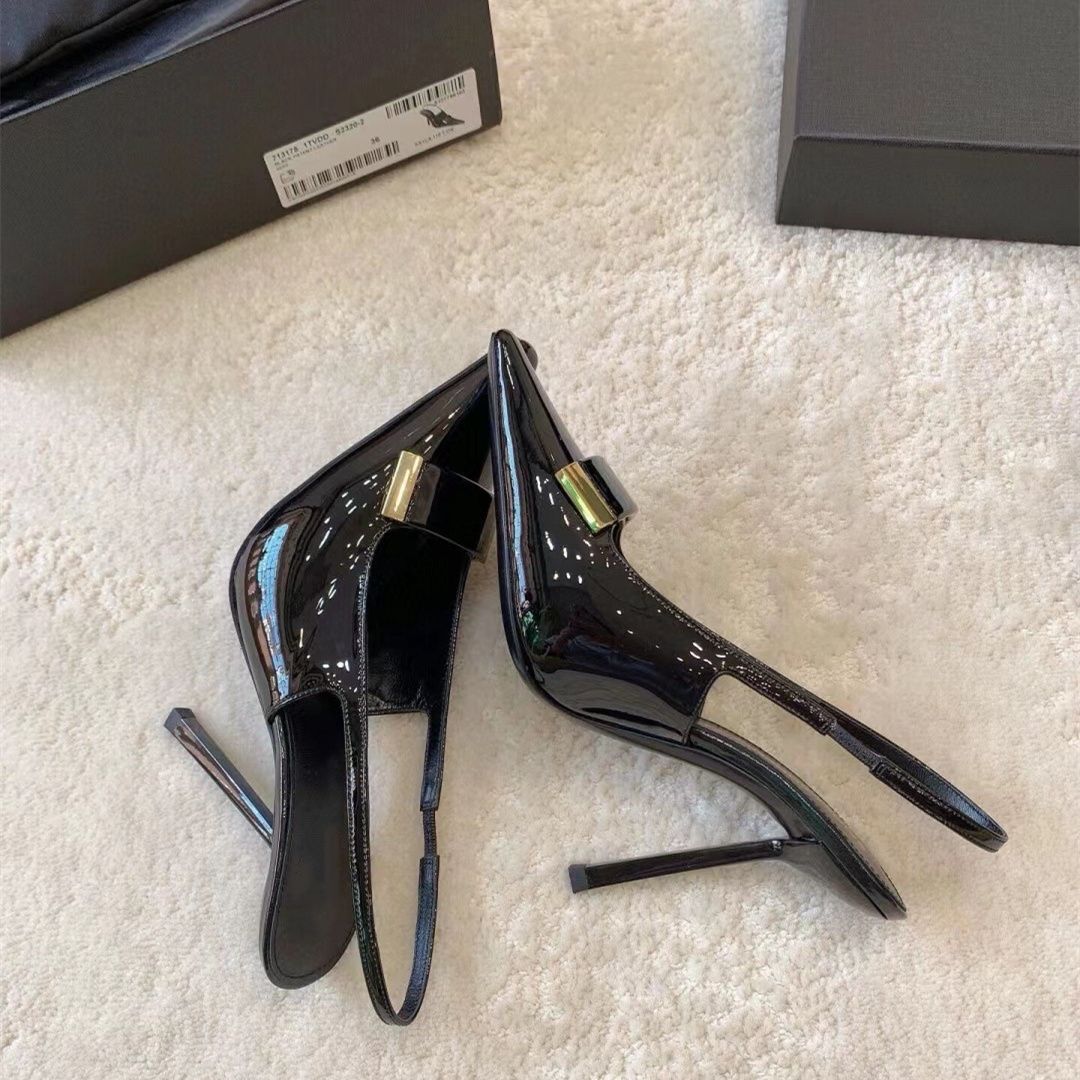 2024 black pointed toe fashion slingback ladies 9cm high heel luxury sandals