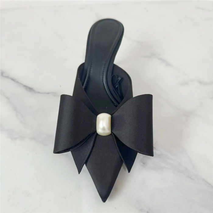 Artificial Pearls and Black Satin Bow Decoration Pointed Toe High Heel Slippers