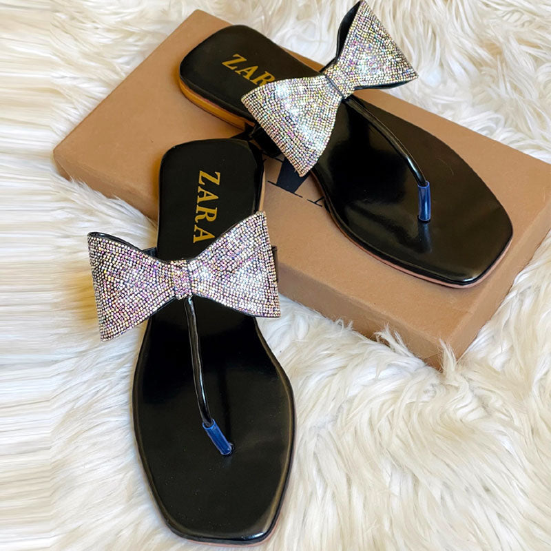Black Shiny Rhinestone Bow Thong Flat Sandal