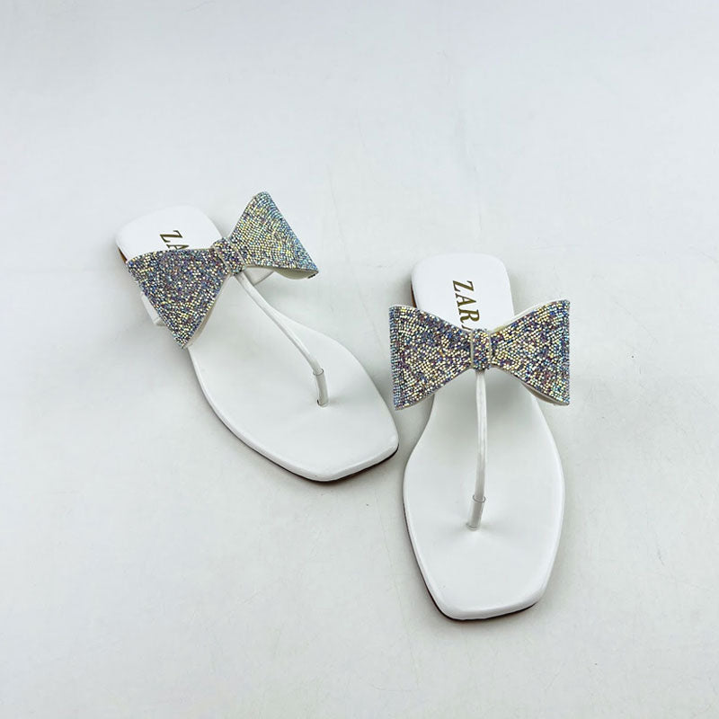 White Shiny Rhinestone Bow Thong Flat Sandal