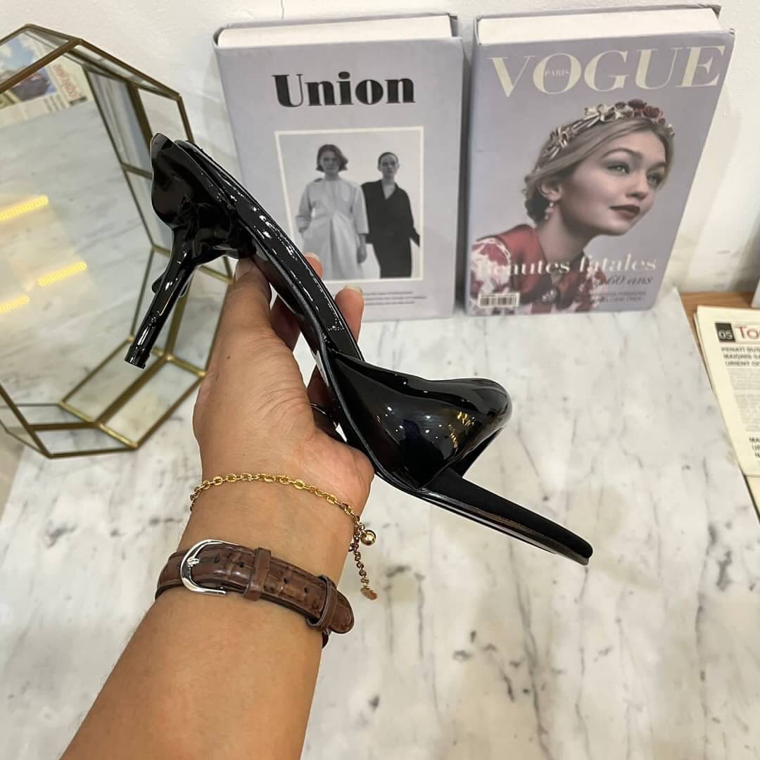 Black Patent Leather High Heel Sandals with Padded Ribbon – 8.5cm Heel
