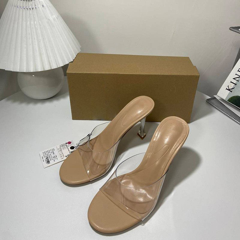 PU Leather Round head Shallow Mouth High Heels Women's Thin Heels Transparent PVC Casual Sandals