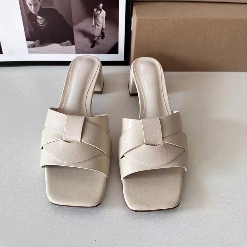 Chunky Heel Slippers Roman Luxury Sandals - White