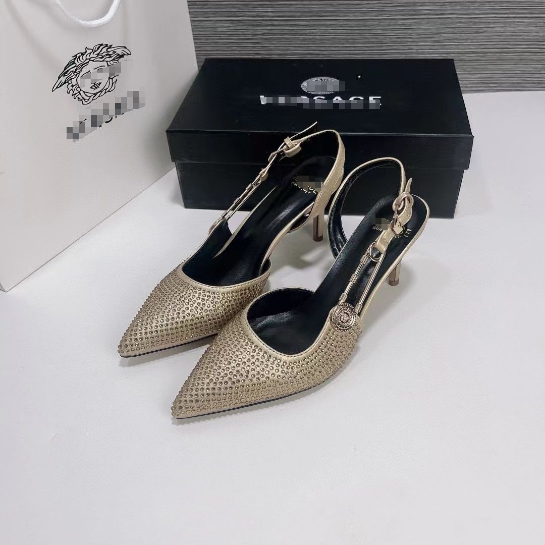 Branded designer crystal women high heels shoes fashion rhinestone elegant slingback pointed toe pumps - Gold