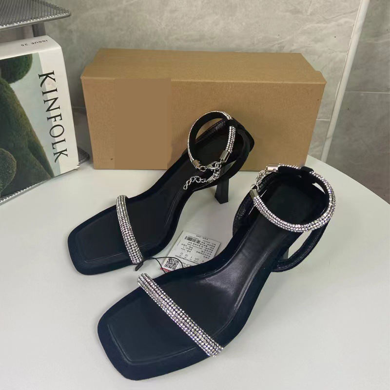 Open Toe Designer Sandals Ankle Strap Chain Suede Brand High Heels