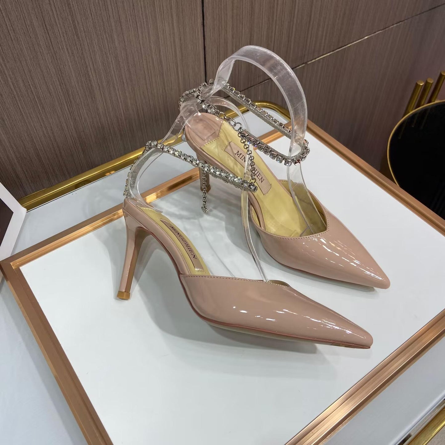 Designer heels pointed toe patent leather crystal diamond chain women high heel shoes - Pink