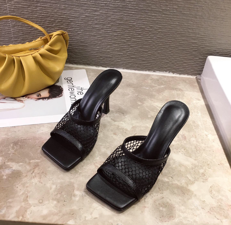 Black Square Head Mesh Leather High Heel Sandals