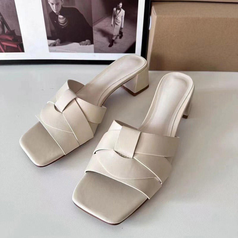 Chunky Heel Slippers Roman Luxury Sandals - White