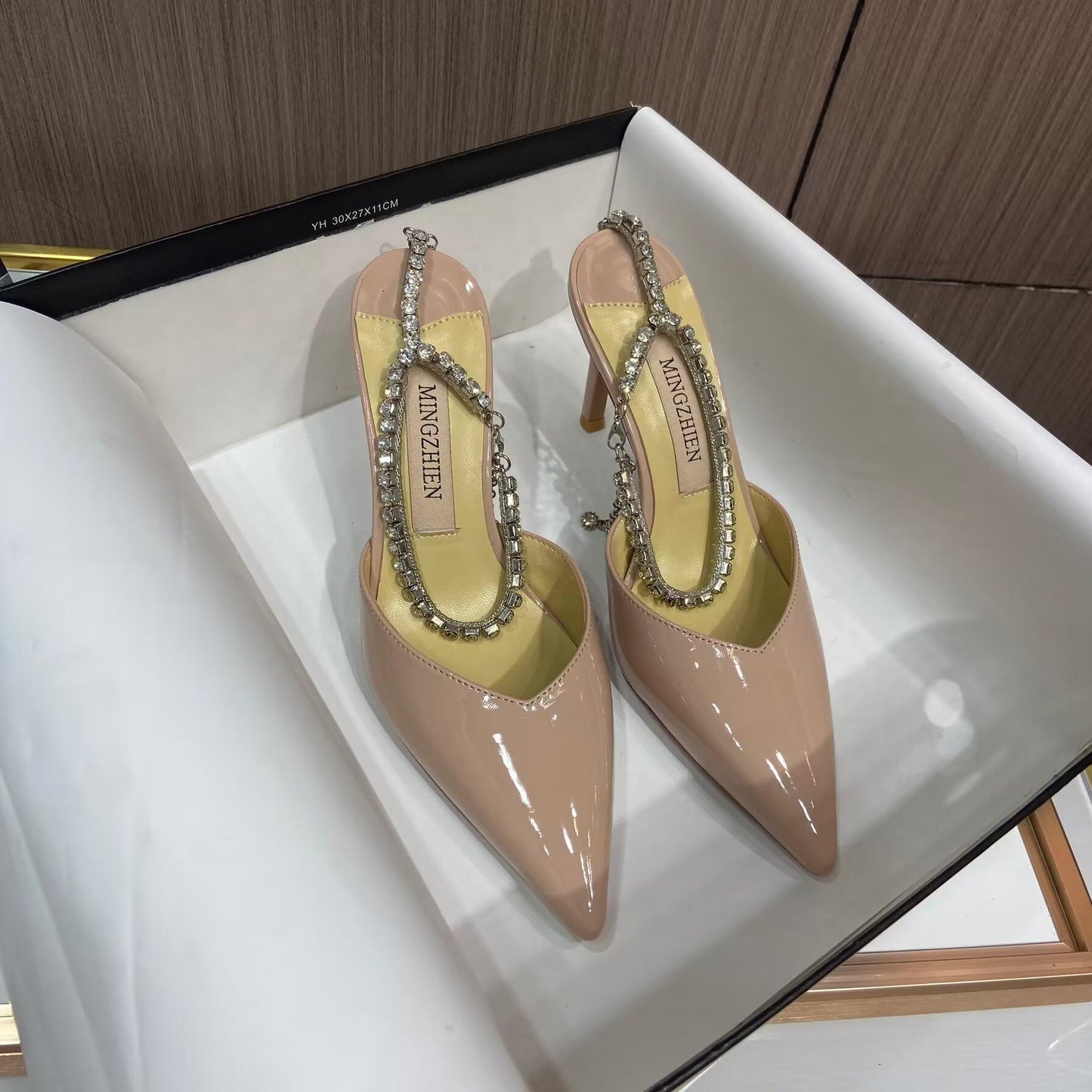 Designer heels pointed toe patent leather crystal diamond chain women high heel shoes - Pink