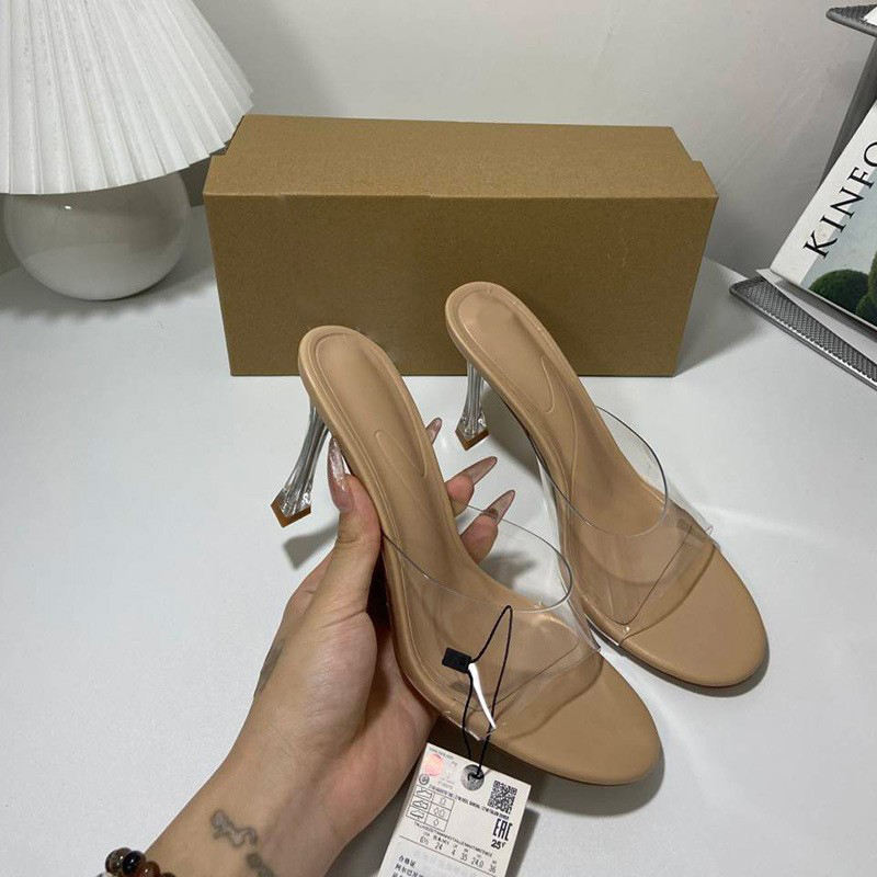 PU Leather Round head Shallow Mouth High Heels Women's Thin Heels Transparent PVC Casual Sandals