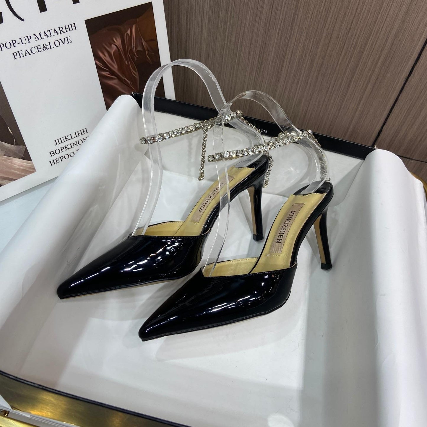 Designer heels pointed toe patent leather crystal diamond chain women high heel shoes - Black