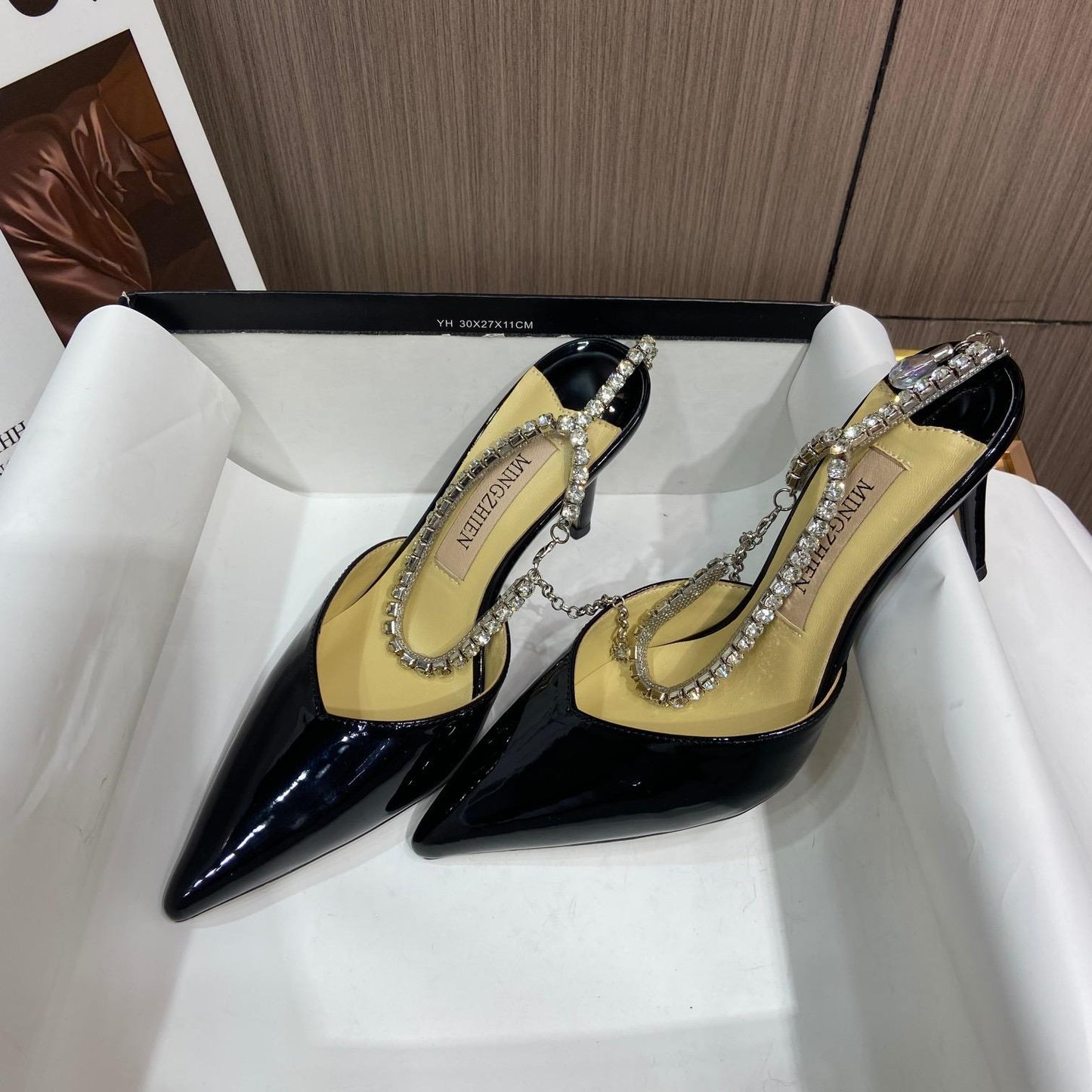 Designer heels pointed toe patent leather crystal diamond chain women high heel shoes - Black
