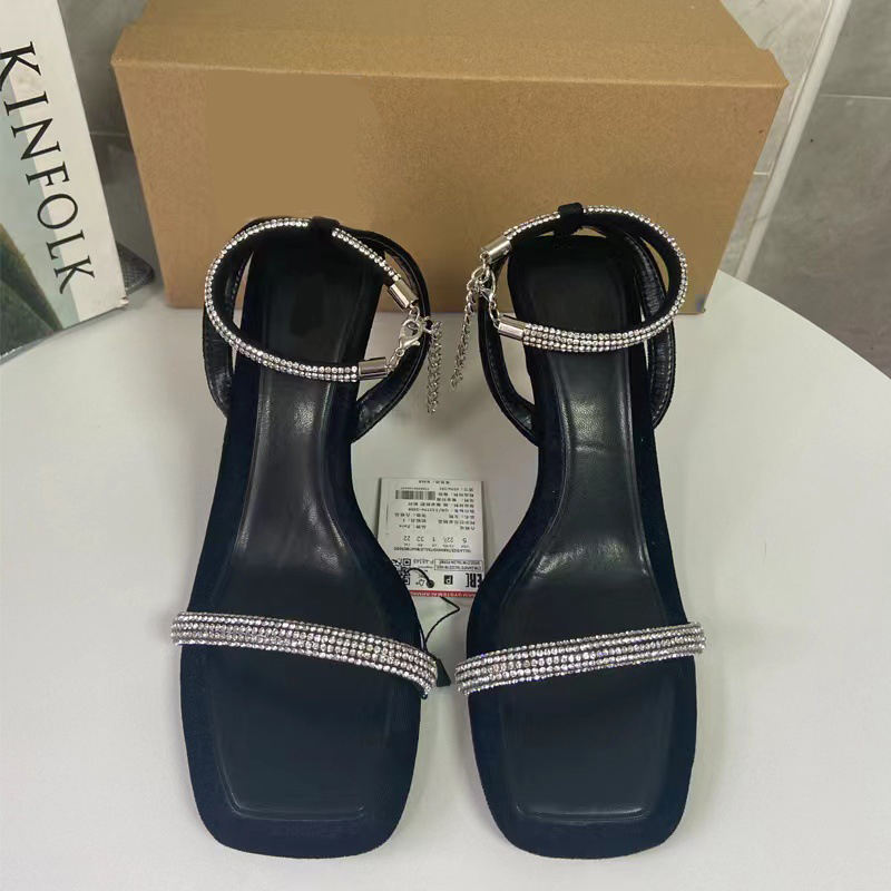 Open Toe Designer Sandals Ankle Strap Chain Suede Brand High Heels