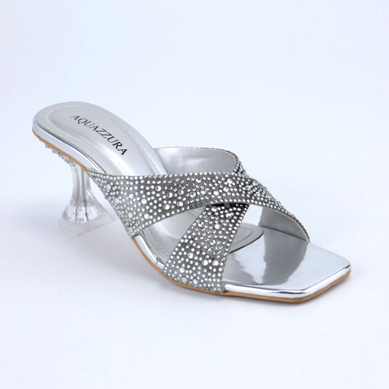 Silver Shiny Stone Heel Crystal Embellished Cross Strap Clear Sandals
