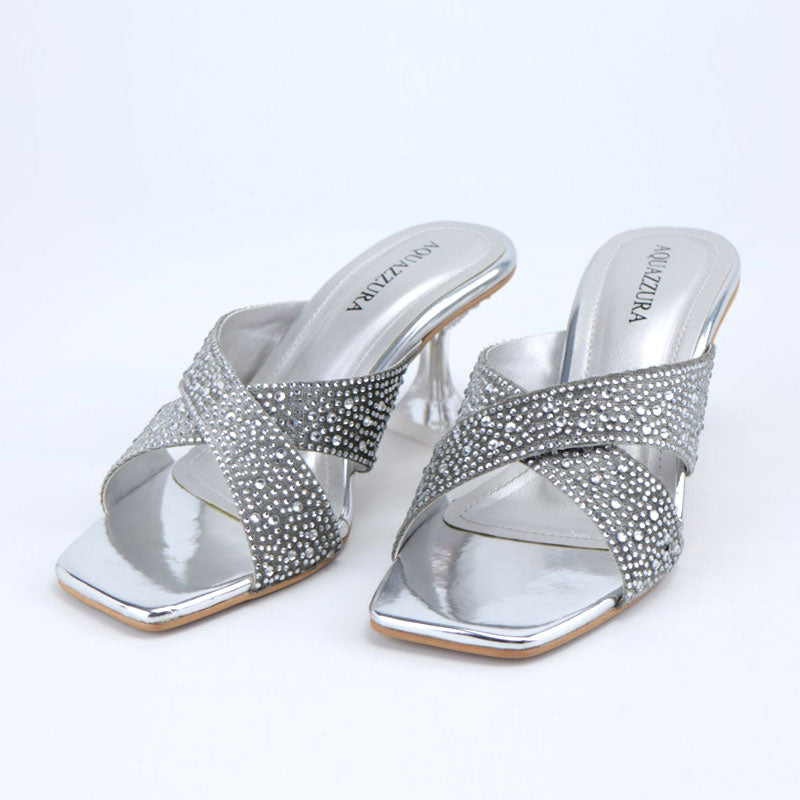 Silver Shiny Stone Heel Crystal Embellished Cross Strap Clear Sandals