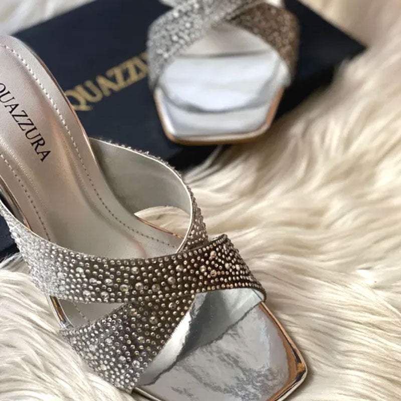 Silver Shiny Stone Heel Crystal Embellished Cross Strap Clear Sandals