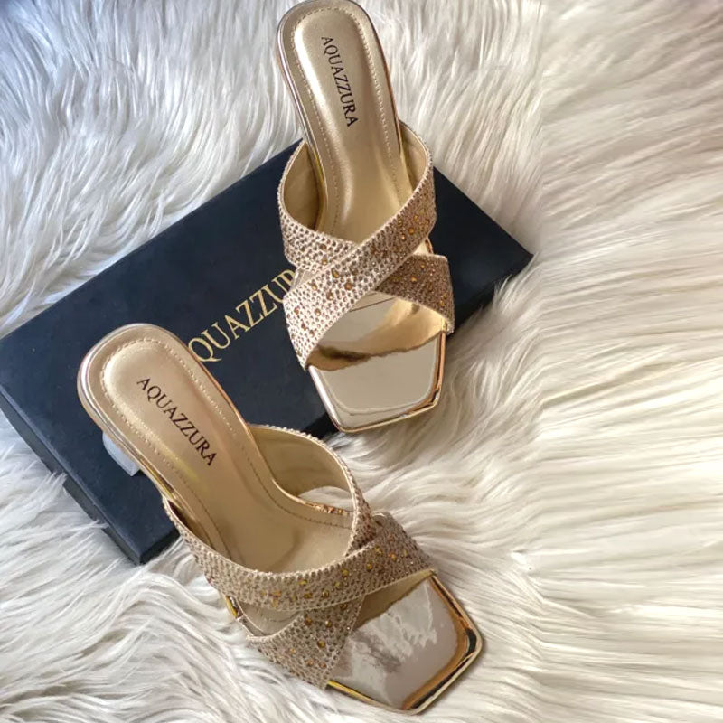 Gold Shiny Stone Heel Crystal Embellished Cross Strap Clear Sandals