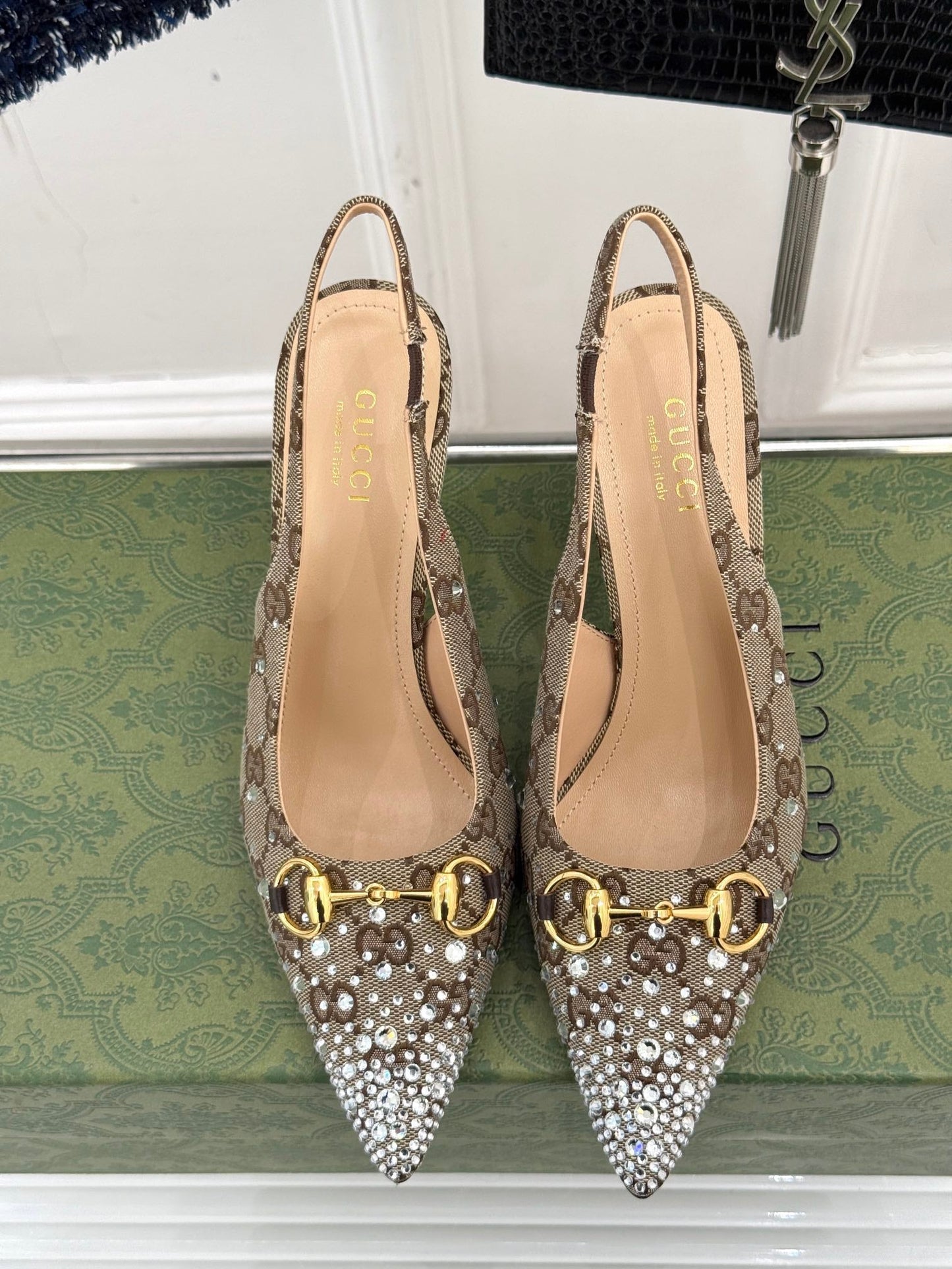 GG Horsebit Slingback 85MM Beige Ebony Monogram Canvas Point Toe Crystal-Embellished