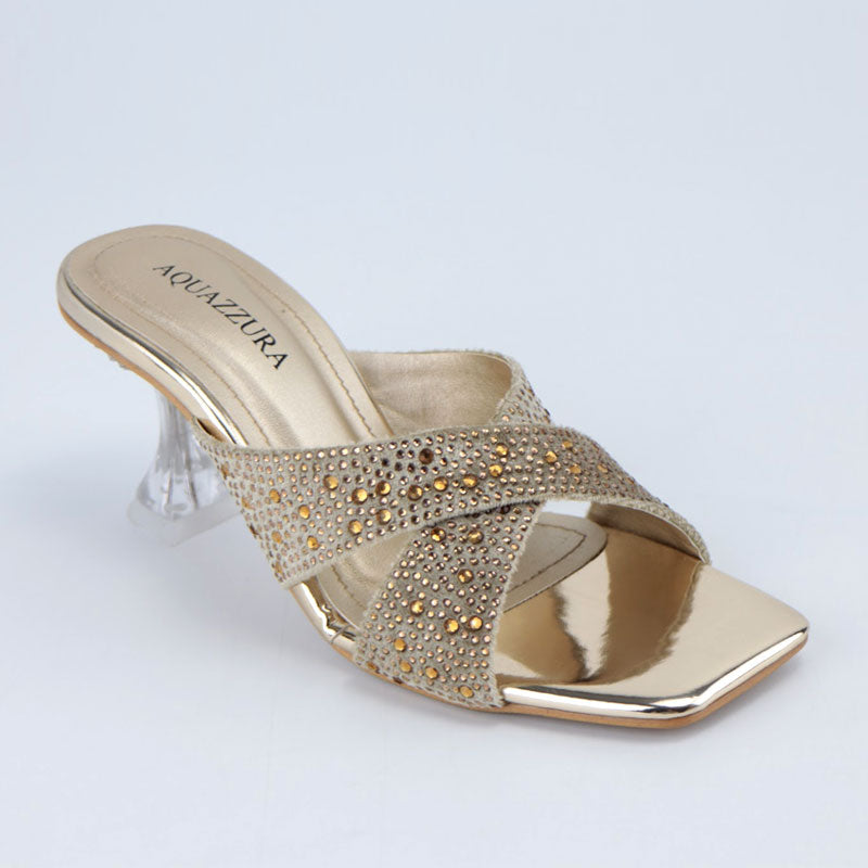 Gold Shiny Stone Heel Crystal Embellished Cross Strap Clear Sandals