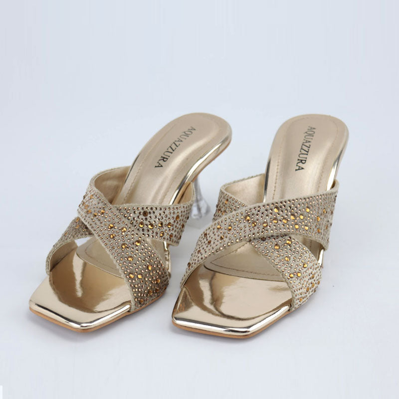 Gold Shiny Stone Heel Crystal Embellished Cross Strap Clear Sandals