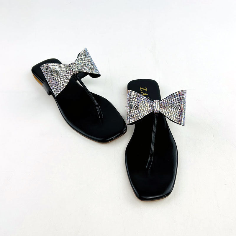 Black Shiny Rhinestone Bow Thong Flat Sandal